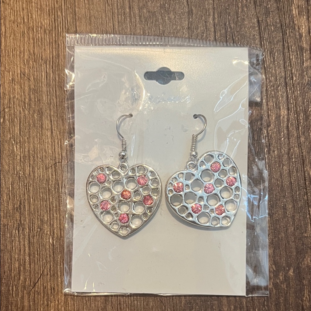 NWT Precious Silver Dangle Heart Earrings with Pink Accents